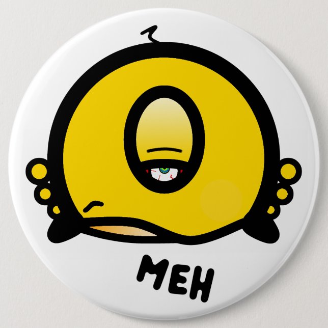 Funny One-Eyed Cartoon “Meh” Knapp (Framsida)