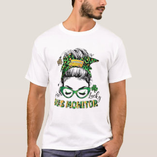 Funny One Lucky School Buss Monitor Messy Bun St P T Shirt