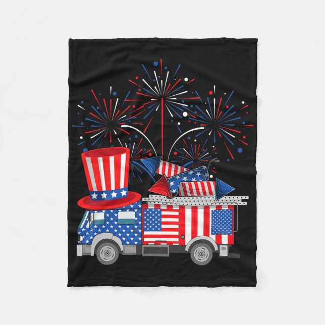 Funny Onkel Sam Firetruck och Fireworks USA flagga Fleecefilt (Framsidan)