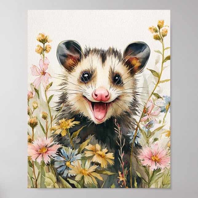 Funny Opossum i Blommor - Vattenfärgen Stil Poster (Framsidan)