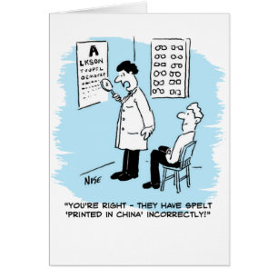 Funny Optician Gving a Öga test to Patient Hälsningskort
