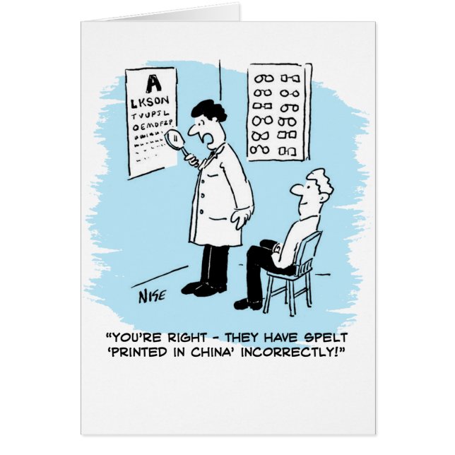 Funny Optician Gving a Öga test to Patient Hälsningskort (Framsidan)