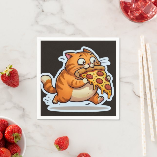 Funny Orange Cat Eating Pizza Cartoon Pappersservett (Insitu)