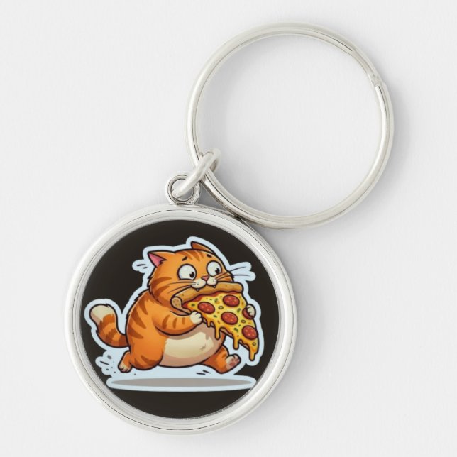 Funny Orange Cat Eating Pizza Graphic Rund Silverfärgad Nyckelring (Framsidan)