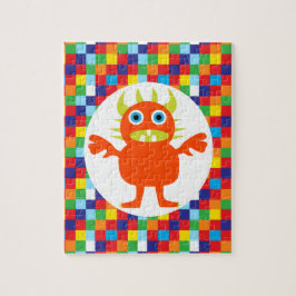 Funny Orange Monster Skapar Bright Färg Blocks Pussel