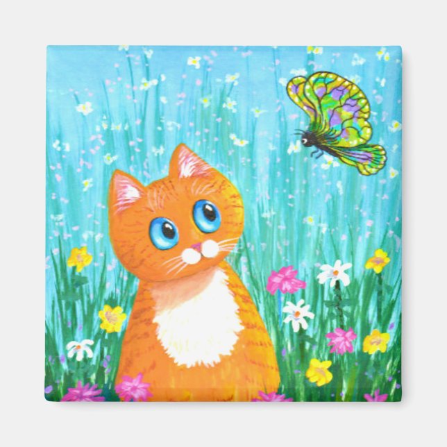 Funny Orange Tabby katt Butterfly Creationarts Magnet (Framsidan)