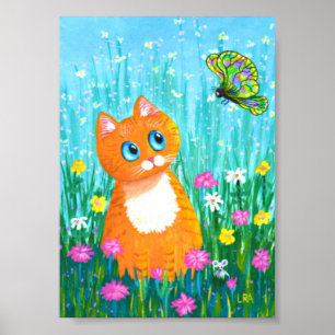 Funny Orange Tabby katt Butterfly Creationarts Poster