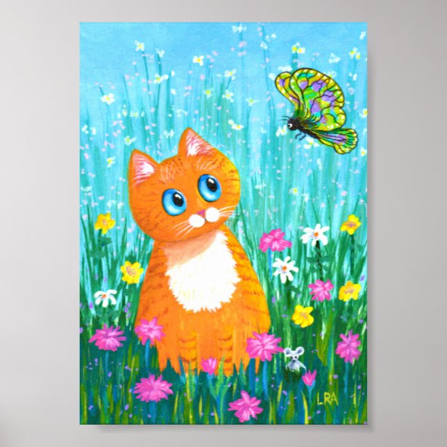 Funny Orange Tabby katt Butterfly Creationarts Poster (Framsidan)
