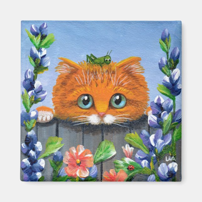 Funny Orange Tabby katt Flowers Creationarts Magnet (Framsidan)