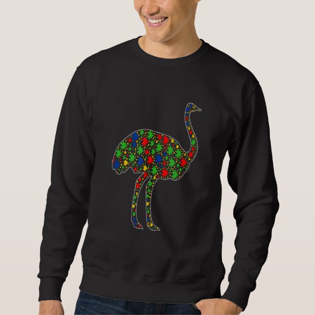 Funny Ostrich Animals Puzzle Delar Autism Awarene Lång Ärmad Tröja (Framsida)