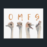 Funny Ostrich Birds OMFG Vykort<br><div class="desc">Det här är en vattenfärgsmålning av strutsar med övergång av känslor från lugn till en smältpunkt. Det finns brev ovanpå varje struts som lyder "OMFG" i faux guld-folie.</div>