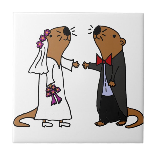 Funny Otter Bröllop Tecknad Kakelplatta (Framsidan)