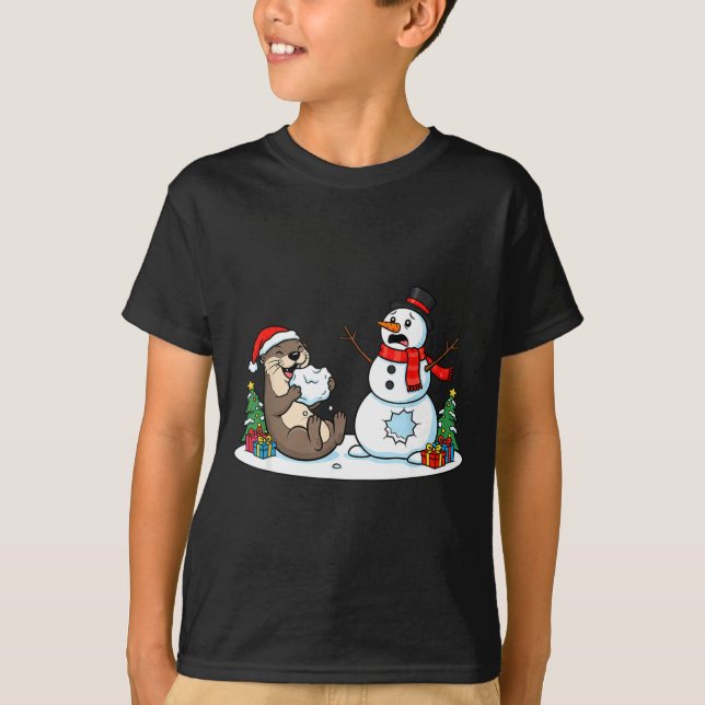 Funny Otter Snowman Christmas Tree Xmas Womens Men T Shirt (Framsida)