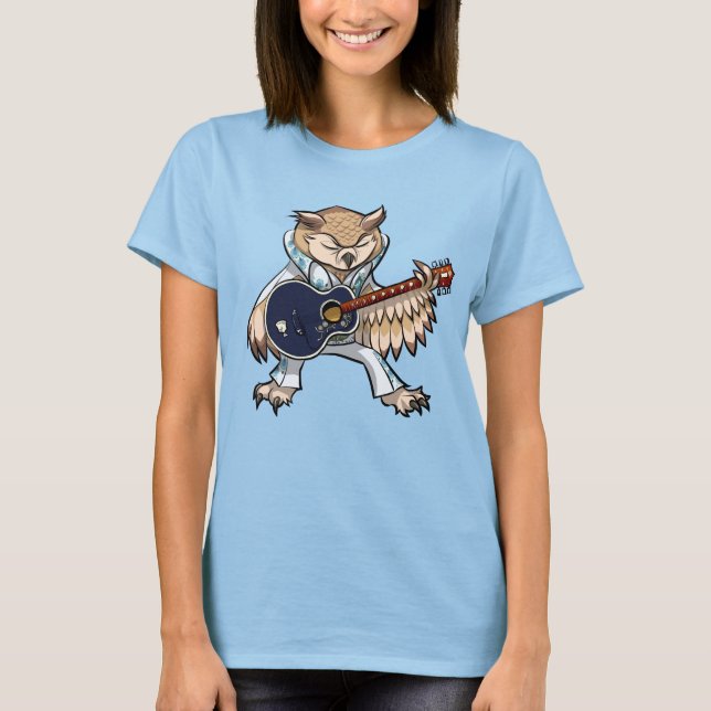 Funny Owl Rock And Roll Singer & Guitarist Cartoon T Shirt (Framsida)