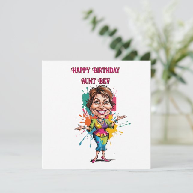Funny Paint stänk Aunty Birthday Caricature Kort (Stående Fram)
