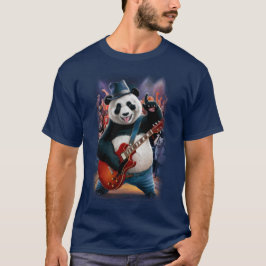 Funny Panda plays Rock and Roll on a Dark Blue T Shirt