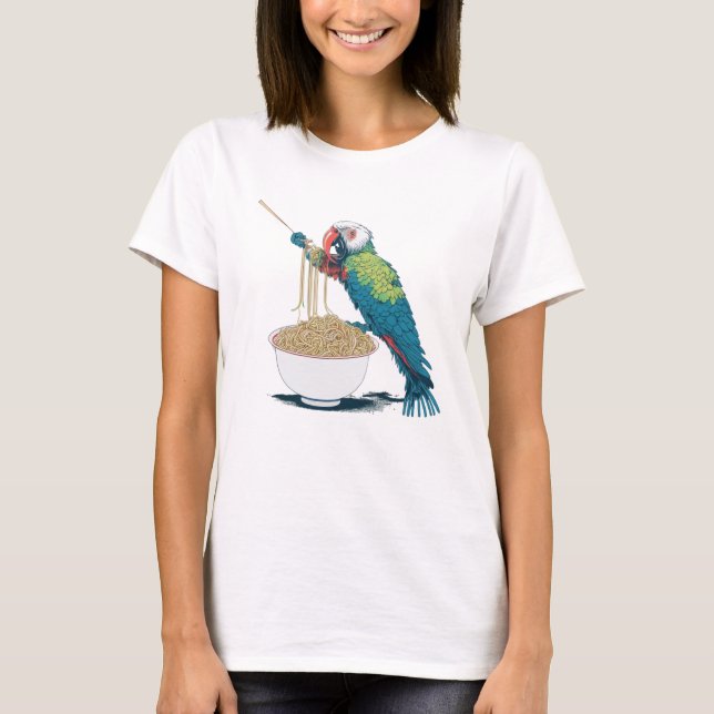 Funny Parrot Eating Ramen Noodles T Shirt (Framsida)