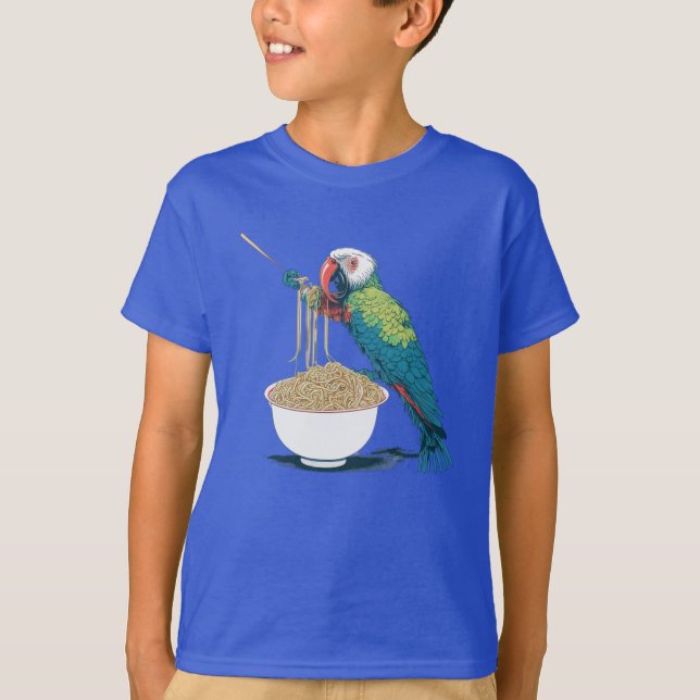 Funny Parrot Eating Ramen Noodles T Shirt (Framsida)