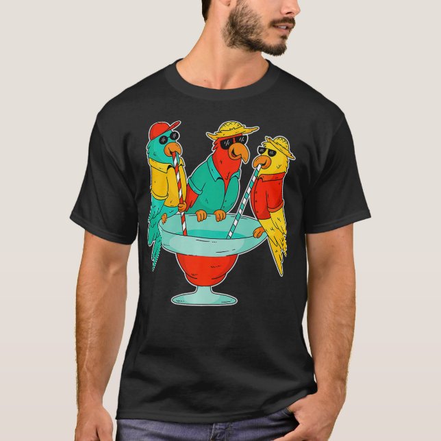 Funny Parrots Drinking Birds Hawaii Tropical T Shirt (Framsida)