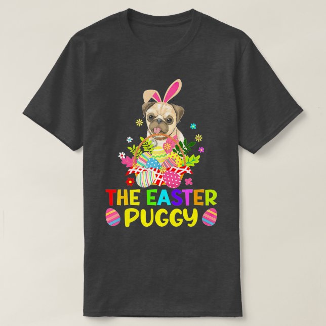 Funny Påsk Pug Bunny Ear Eggs Basket Hundar Kids M T Shirt (Design framsida)