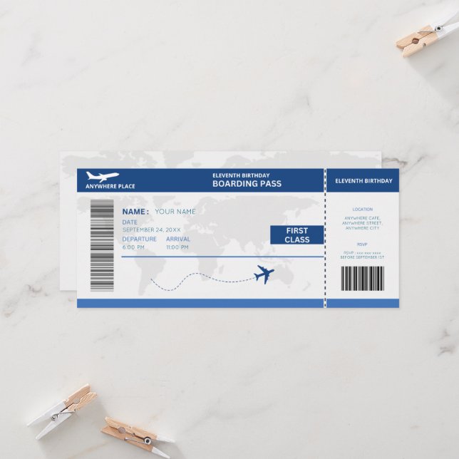 Funny passport, boarding pass ticket 11th birthday inbjudningar (Fram/Back In Situ)