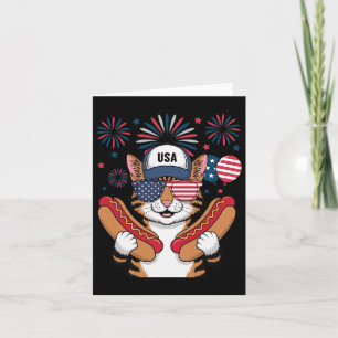 Funny Patriotic Cat Hotdog American USA flagga 4th Kort