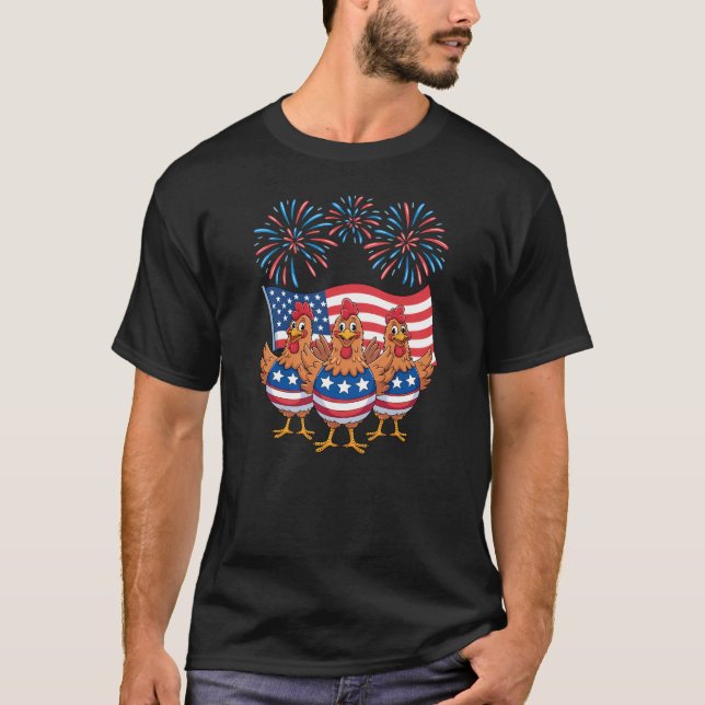 Funny Patriotic Chickens USA flagga 4 juli T Shirt (Framsida)
