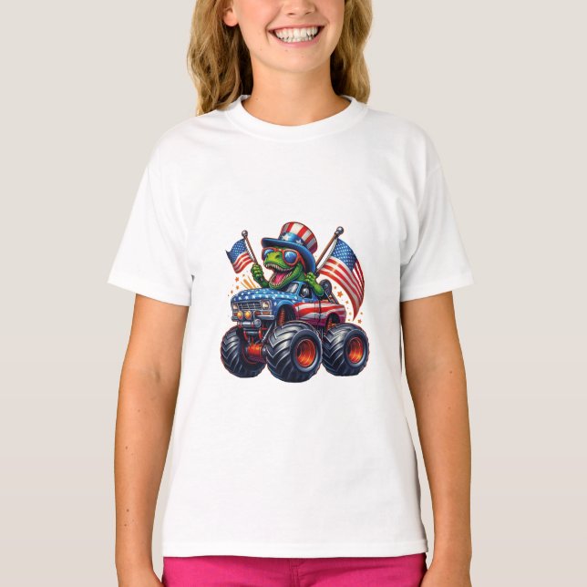 Funny Patriotic Dinosaur T Rex On Monster Truck  Shirt (Framsida)