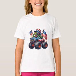 Funny Patriotic Dinosaur T Rex On Monster Truck  T Shirt