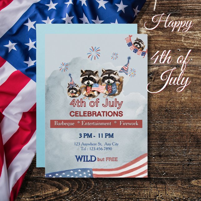 Funny Patriotic Raccoons BBQ & Fireworks Inbjudningar (Funny Patriotic Raccoons BBQ & Fireworks Invitation)