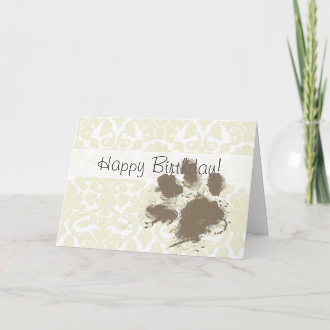 Funny Paw Print on Ivory Damask Pattern Kort (Framsida)