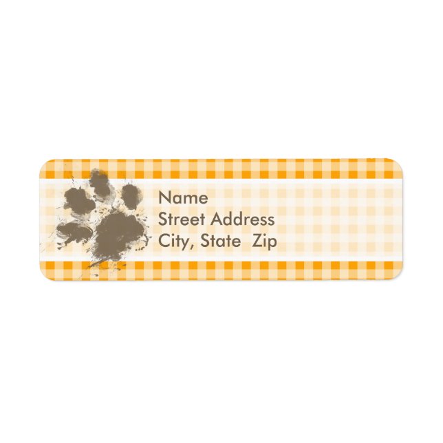 Funny Pawprint Amber Orange Gingham Returadress Etikett (Framsidan)
