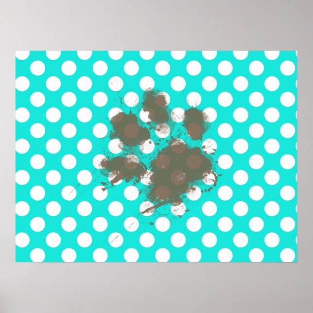 Funny Pawprint; Aqua Färg Polka dots Poster (Framsidan)