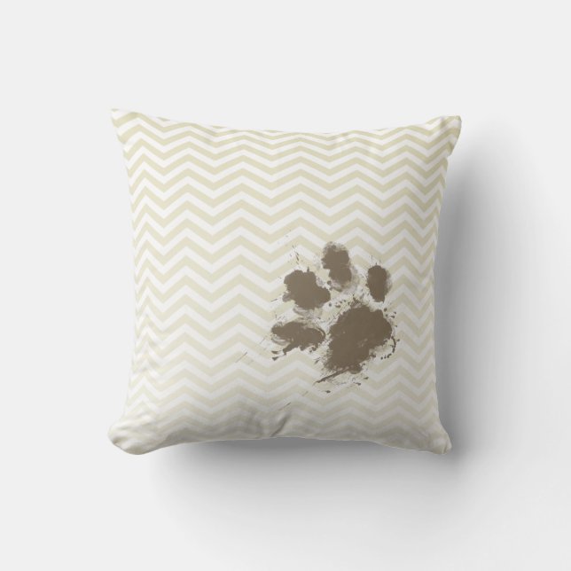 Funny Pawprint på Beige Chevron; zig zag Kudde (Framsida)