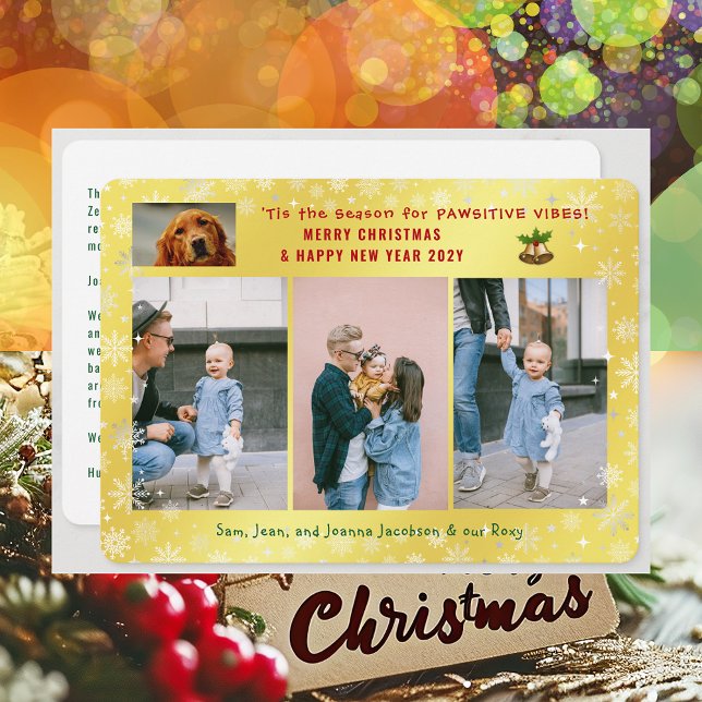 Funny Pawsitive Hund Cat 4 Foton - minimalialistis Julkort (Cute Funny Pet Dog Pawsitive Vibes Merry Christmas Happy New Year 'Tis the Season 4 Photos Letter)