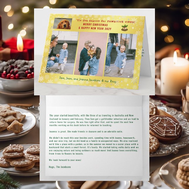 Funny Pawsitive Hund Cat 4 Foton - minimalialistis Kort (Cute Elegant Funny Pet Dog Pawsitive Vibes Merry Xmas Happy New Year 4 Photos Snow Letter Golden)