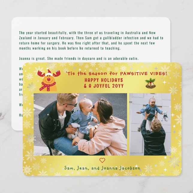 Funny Pawsitive Rudolph 2 Photos Minimalist Golden Julkort (Fram/baksida)