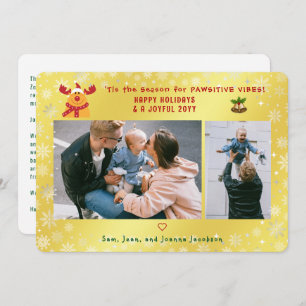 Funny Pawsitive Rudolph 2 Photos Minimalist Golden Julkort