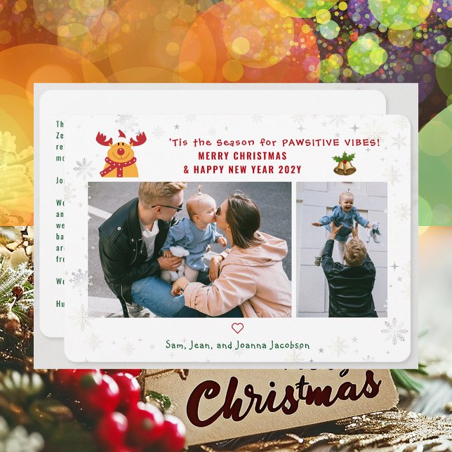 Funny Pawsitive Rudolph 2 Photos Minimalist Modern Julkort (Cute Funny Rudolph Pawsitive Vibes Merry Christmas Happy New Year 'Tis the Season 2 Photos Letter)