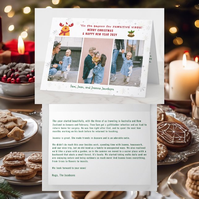 Funny Pawsitive Rudolph 3 Foton - minimalistisk mo Helgkort (Cute Elegant Funny Rudolph Pawsitive Vibes Merry Xmas Happy New Year 3 Photos Snowflakes Letter )