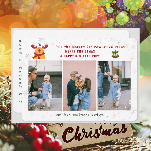 Funny Pawsitive Rudolph 3 Foton - minimalistisk mo Julkort (Cute Funny Rudolph Pawsitive Vibes Merry Christmas Happy New Year 'Tis the Season 3 Photos Letter)