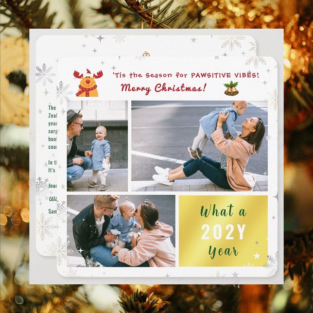 Funny Pawsitive Rudolph 3 Photos Collage Modern Julkort (Elegant Modern Cute Funny Pawsitive Vibes Rudolph Merry Christmas 3 Photos What a Year Snowflakes)