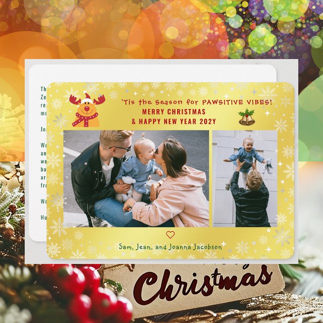Funny Pawsitive Rudolph Minimalist 2 Foton Golden Julkort (Cute Funny Rudolph Pawsitive Vibes Merry Christmas Happy New Year 'Tis the Season 2 Photos Letter)