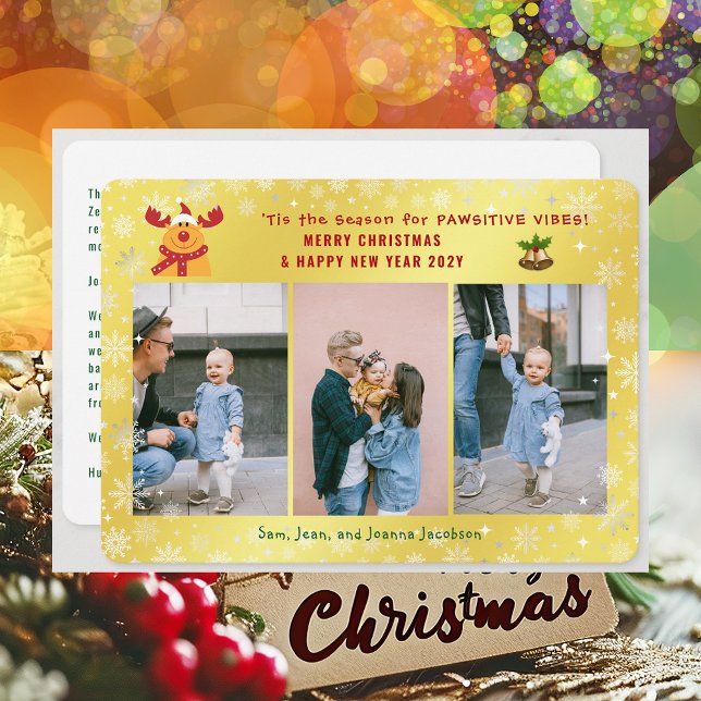 Funny Pawsitive Rudolph Minimalist Elegant 3 Photo Julkort (Cute Funny Rudolph Pawsitive Vibes Merry Christmas Happy New Year 'Tis the Season 3 Photos Letter)