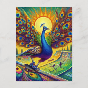 Funny Peacock Skateboarding Vykort