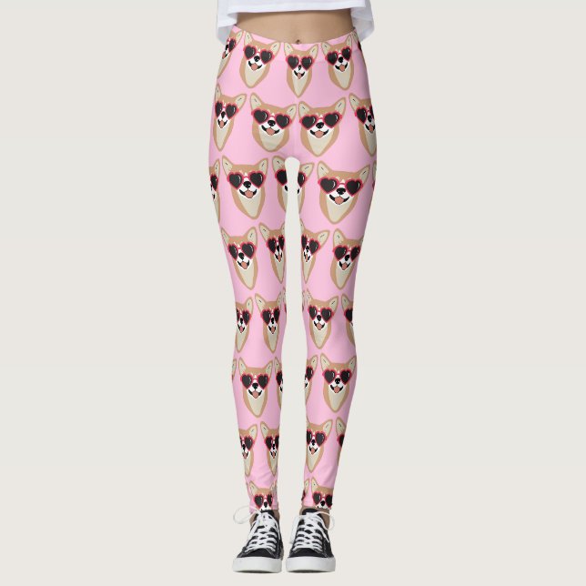 Funny Pembroke Welsh Corgi Mönster Rosa Leggings (Framsida)