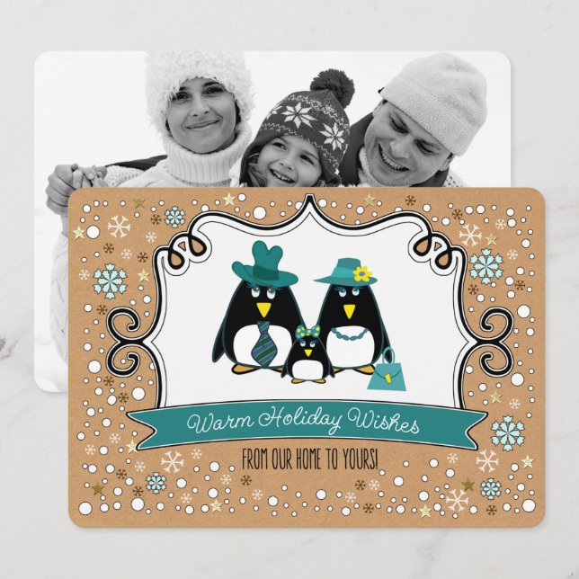 Funny Penguin-familjens fotoport Julkort (Fram/baksida)