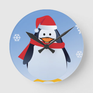 Funny Penguin jul Jultomten Snöflingor Rund Klocka