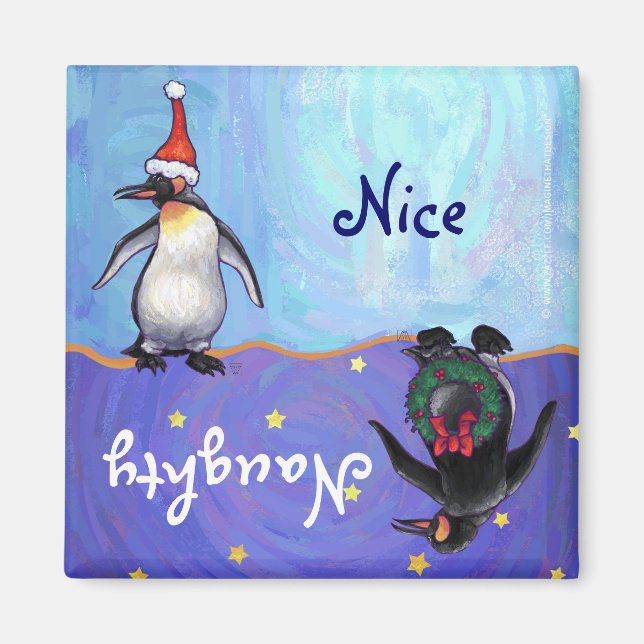 Funny Penguin Naughty Nice Helgdag Magnet (Framsidan)