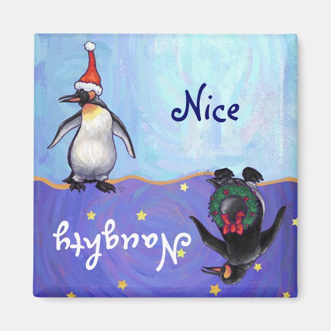 Funny Penguin Naughty Nice Helgdag Magnet (Framsidan)